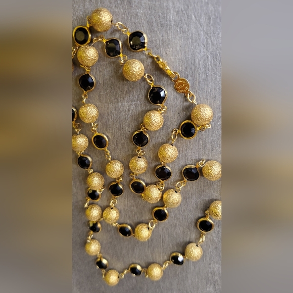 Austrian Crystal Open Back Bezel Necklace Black Gold Vintage Estate - Picture 4 of 10